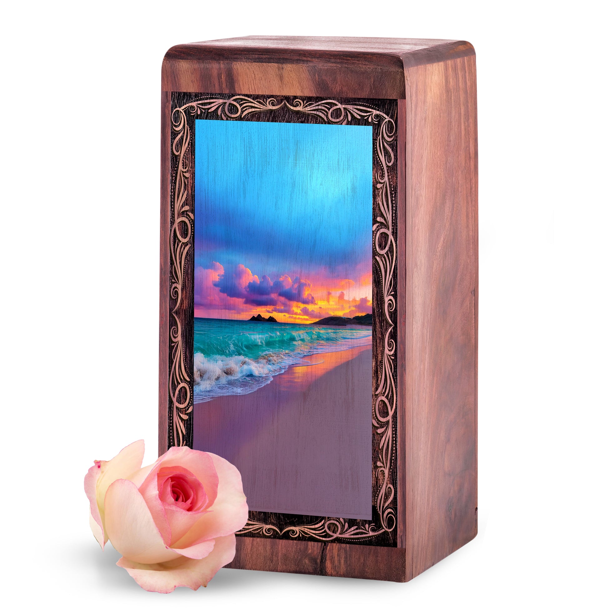 Wood Cremation Urn For Human Ashes – Coastal Wave Sunset Tribute Theme Urn For Adults