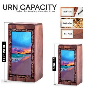 Wood Cremation Urn For Human Ashes – Coastal Wave Sunset Tribute Theme Urn For Adults