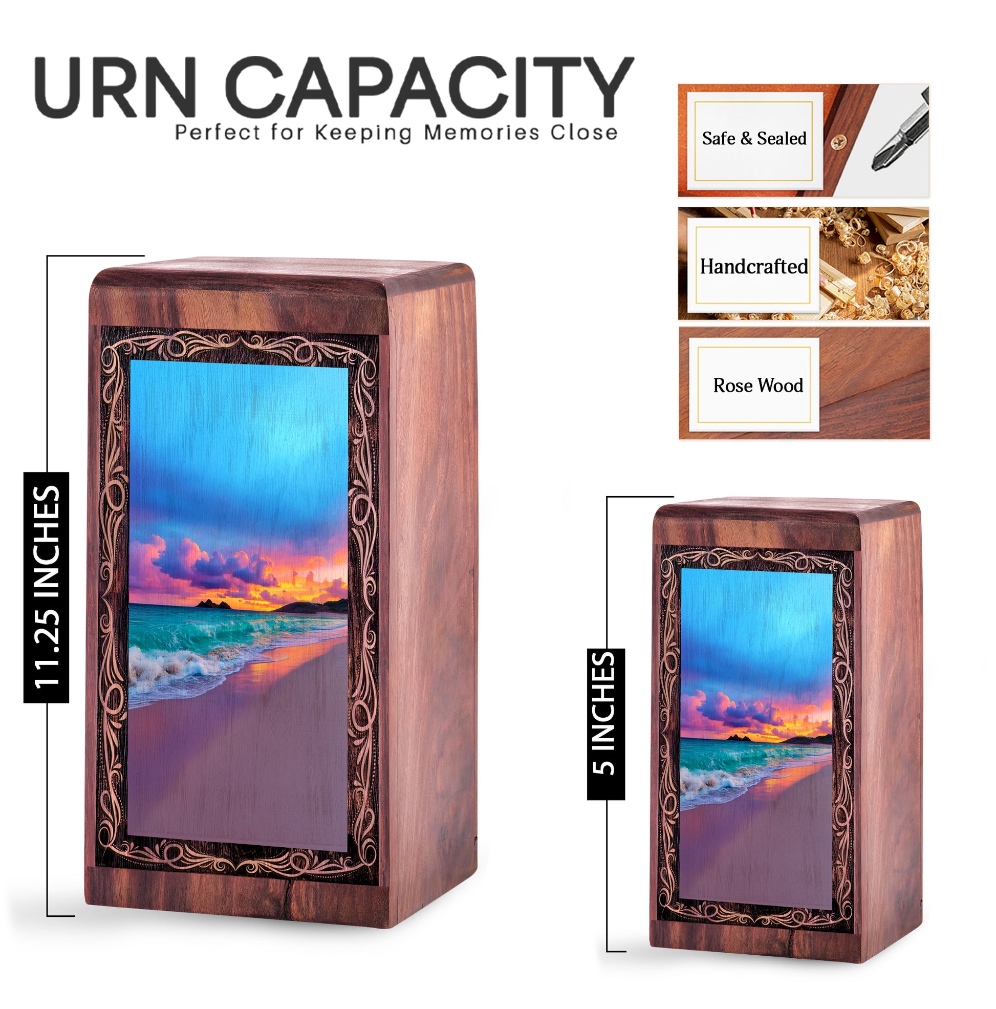 Wood Cremation Urn For Human Ashes – Coastal Wave Sunset Tribute Theme Urn For Adults