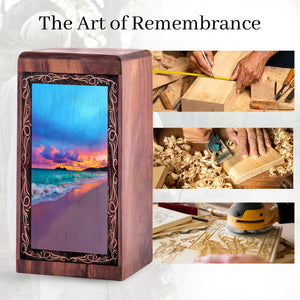 Wood Cremation Urn For Human Ashes – Coastal Wave Sunset Tribute Theme Urn For Adults