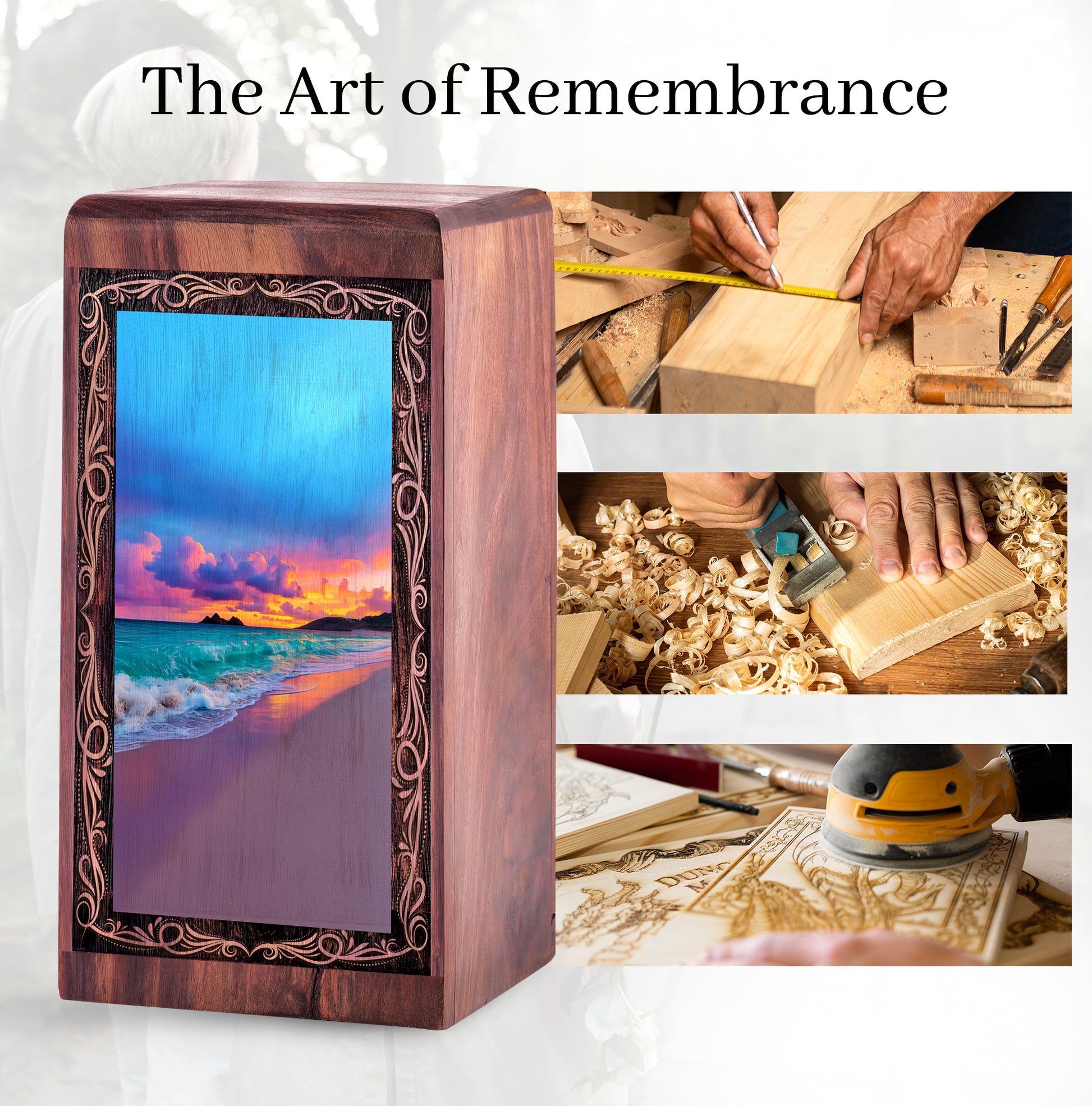 Wood Cremation Urn For Human Ashes – Coastal Wave Sunset Tribute Theme Urn For Adults