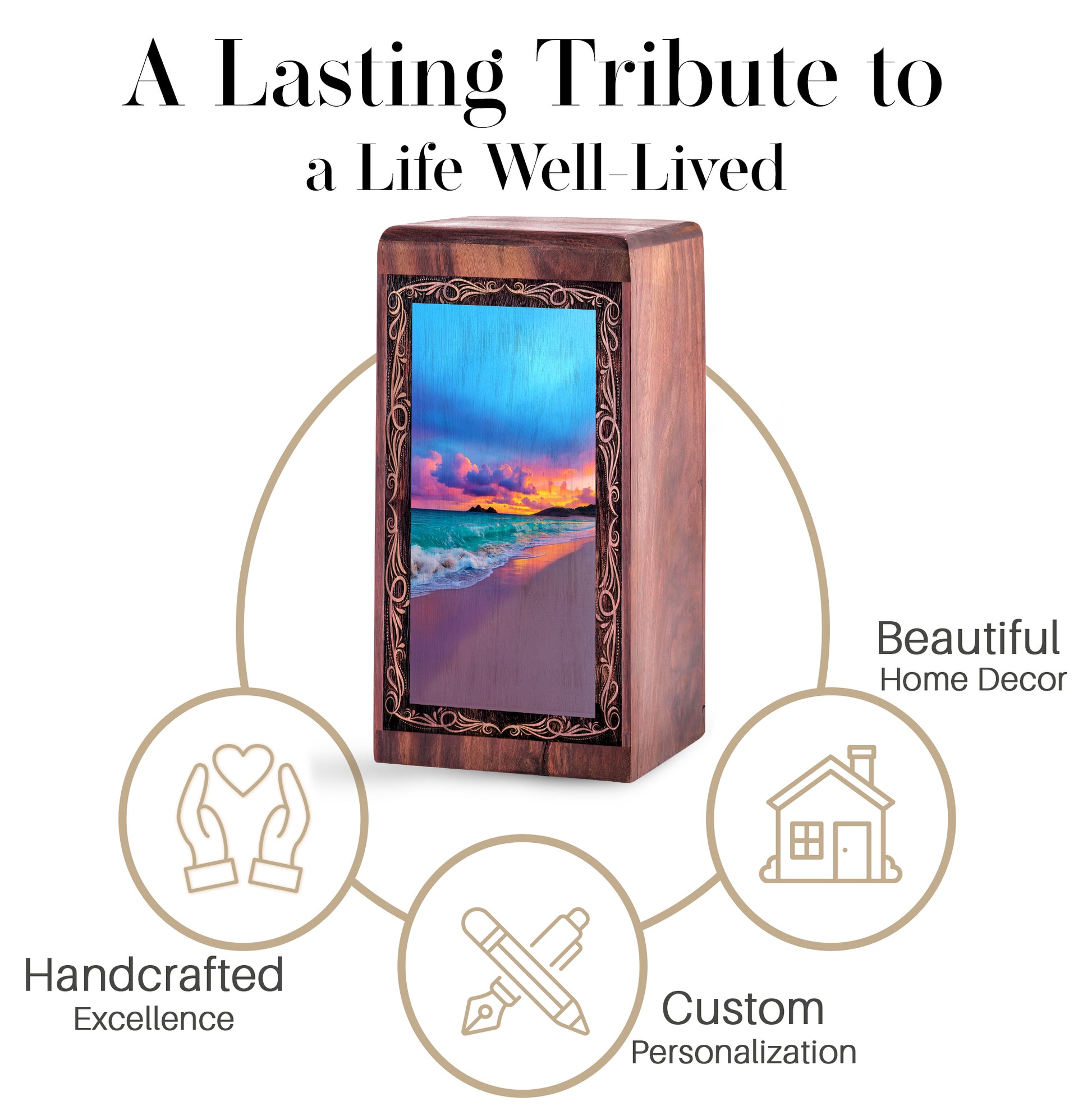 Wood Cremation Urn For Human Ashes – Coastal Wave Sunset Tribute Theme Urn For Adults