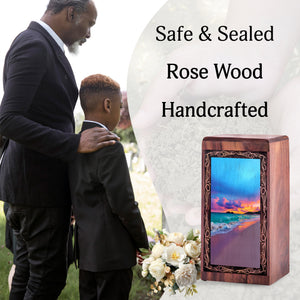 Wood Cremation Urn For Human Ashes – Coastal Wave Sunset Tribute Theme Urn For Adults