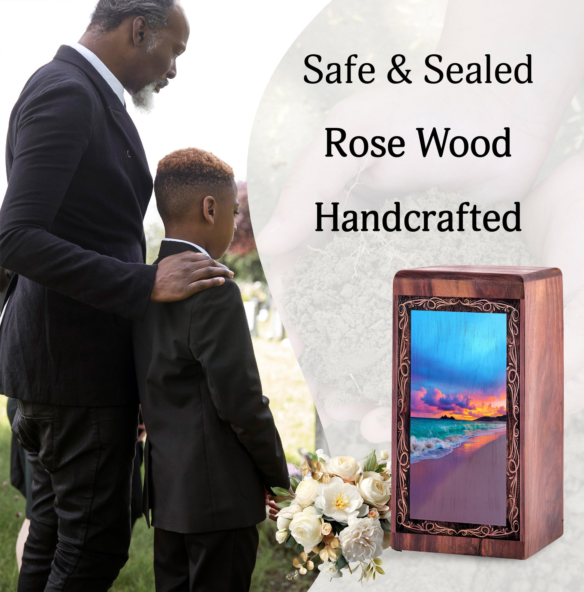 Wood Cremation Urn For Human Ashes – Coastal Wave Sunset Tribute Theme Urn For Adults