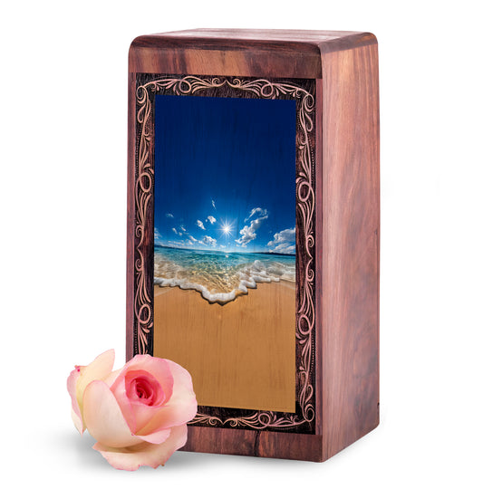 Handmade Wood Urn For Burial – Sunny Shoreline Sea Cremation Urn For Woman