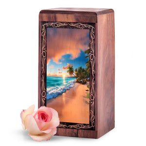 Decorative Wooden Box For Ashes – Palm Shore Ocean Theme Memorial Urn For Mom & Dad