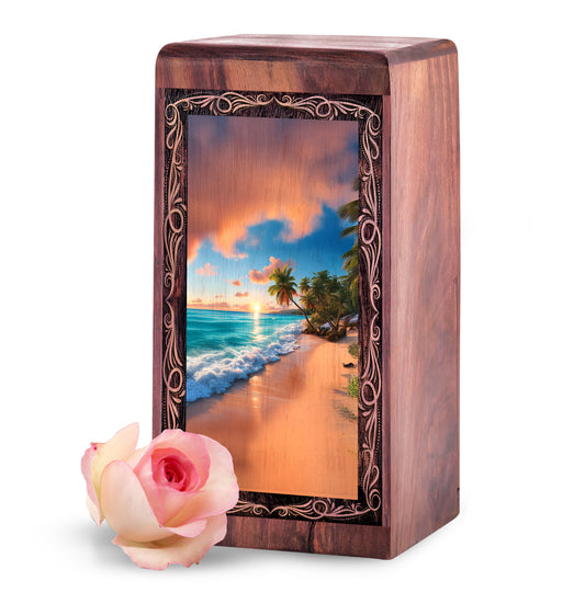 Decorative Wooden Box For Ashes – Palm Shore Ocean Theme Memorial Urn For Mom & Dad