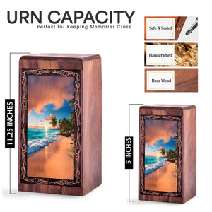 Decorative Wooden Box For Ashes – Palm Shore Ocean Theme Memorial Urn For Mom & Dad