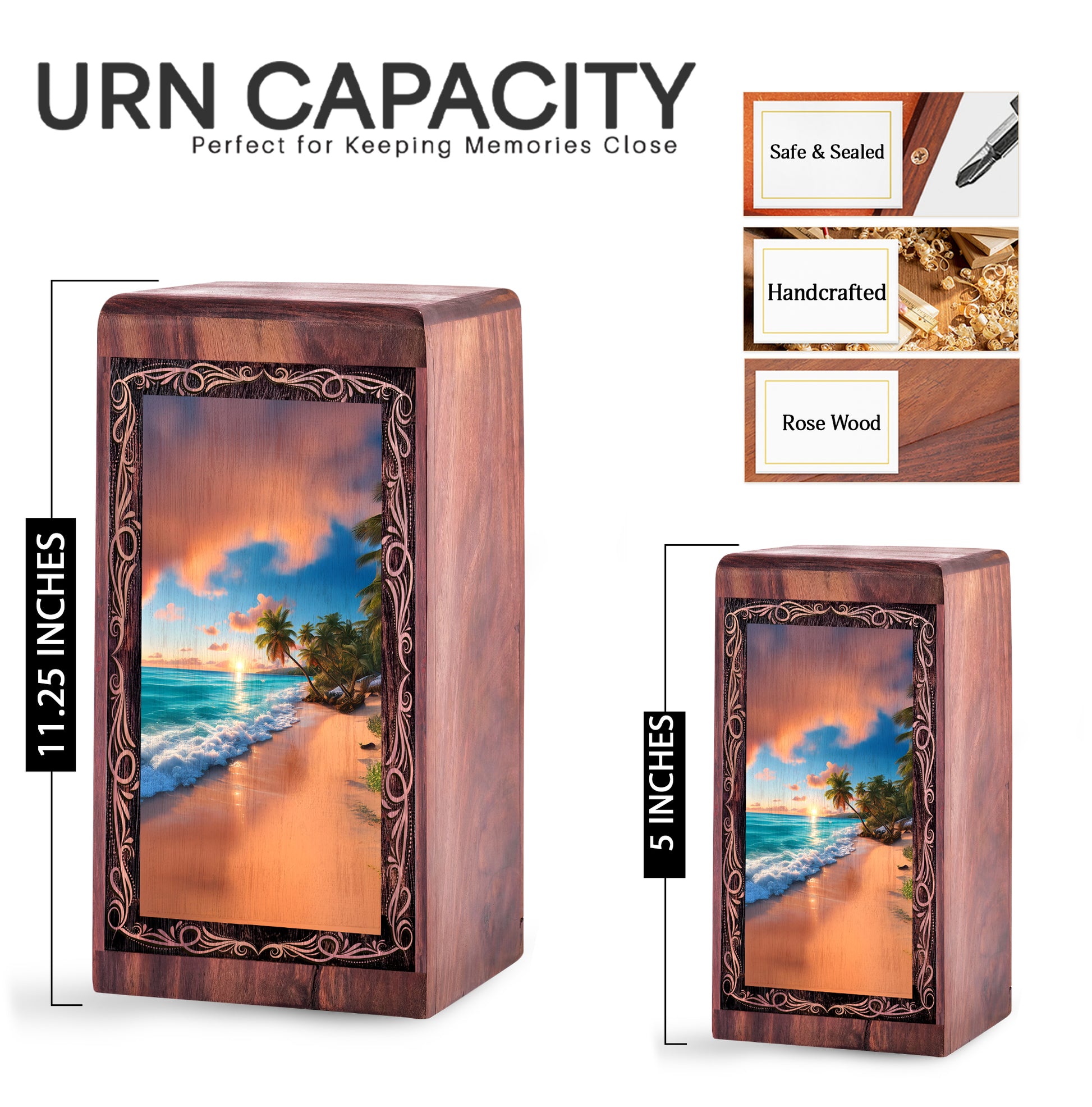 Decorative Wooden Box For Ashes – Palm Shore Ocean Theme Memorial Urn For Mom & Dad