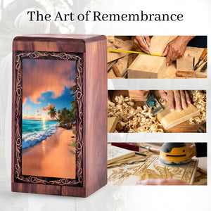 Decorative Wooden Box For Ashes – Palm Shore Ocean Theme Memorial Urn For Mom & Dad