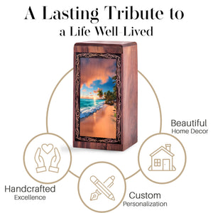 Decorative Wooden Box For Ashes – Palm Shore Ocean Theme Memorial Urn For Mom & Dad
