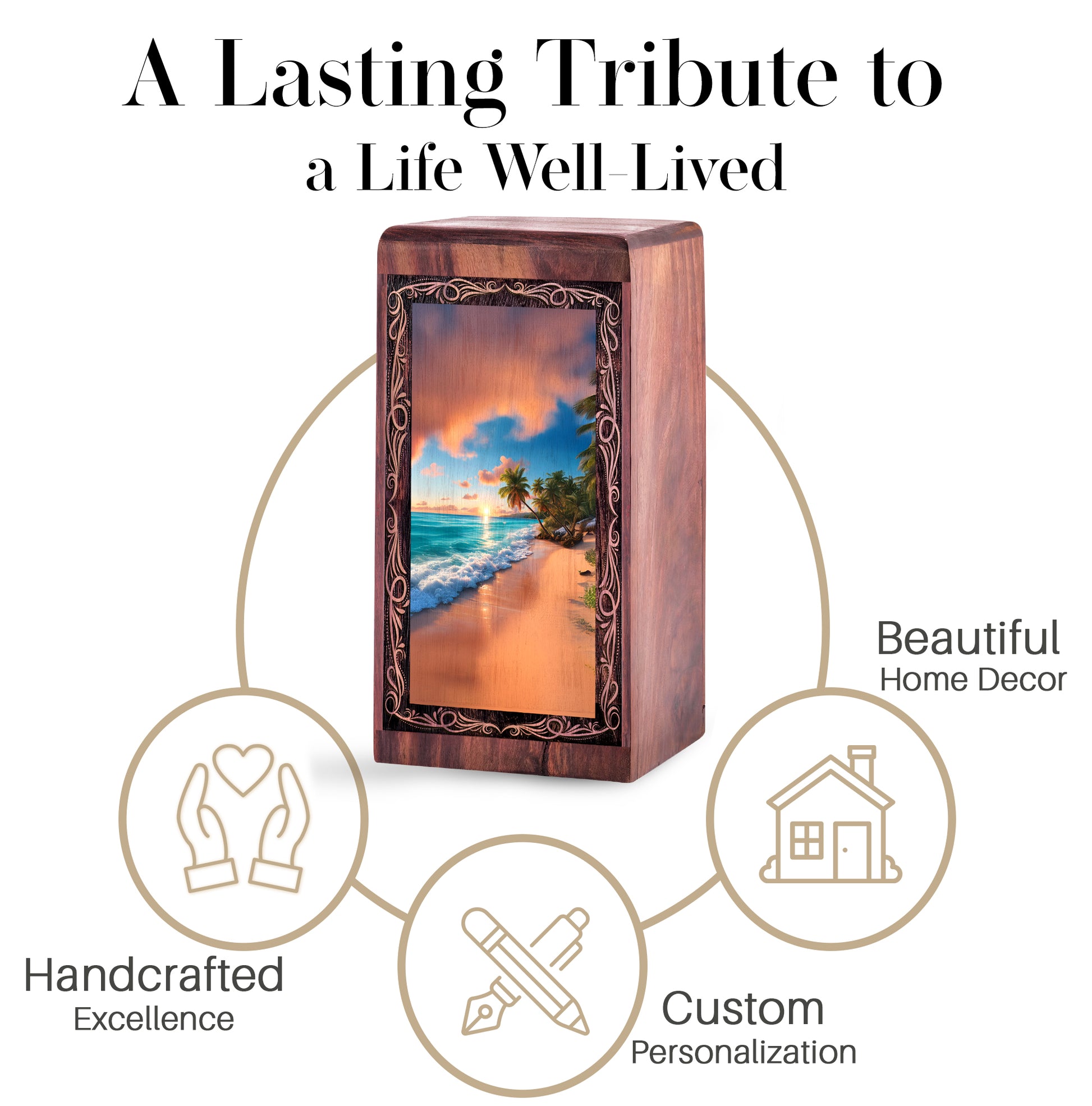 Decorative Wooden Box For Ashes – Palm Shore Ocean Theme Memorial Urn For Mom & Dad