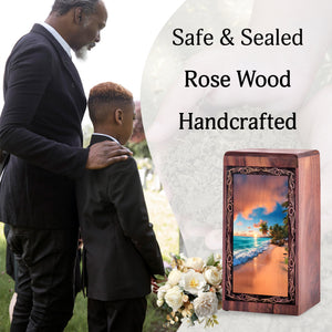Decorative Wooden Box For Ashes – Palm Shore Ocean Theme Memorial Urn For Mom & Dad