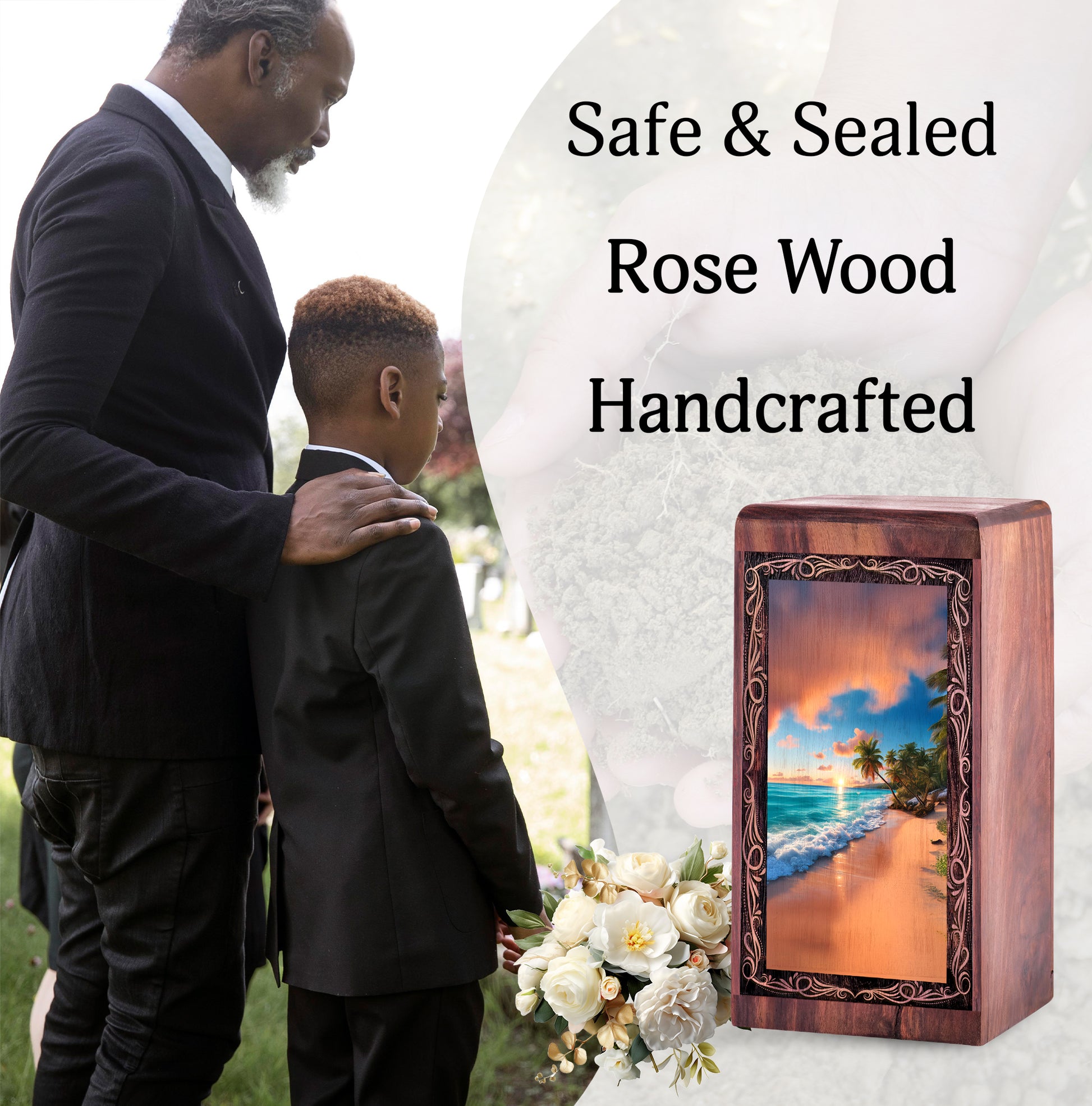 Decorative Wooden Box For Ashes – Palm Shore Ocean Theme Memorial Urn For Mom & Dad