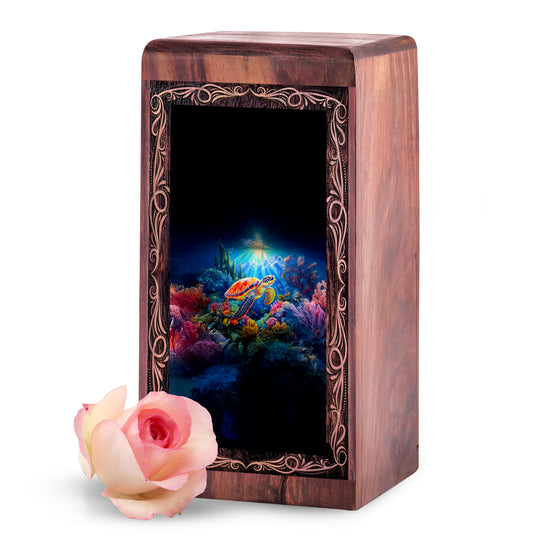 Handmade Wooden Keepshake Urn - Aquatic Ocean Theme Funeral For Burial