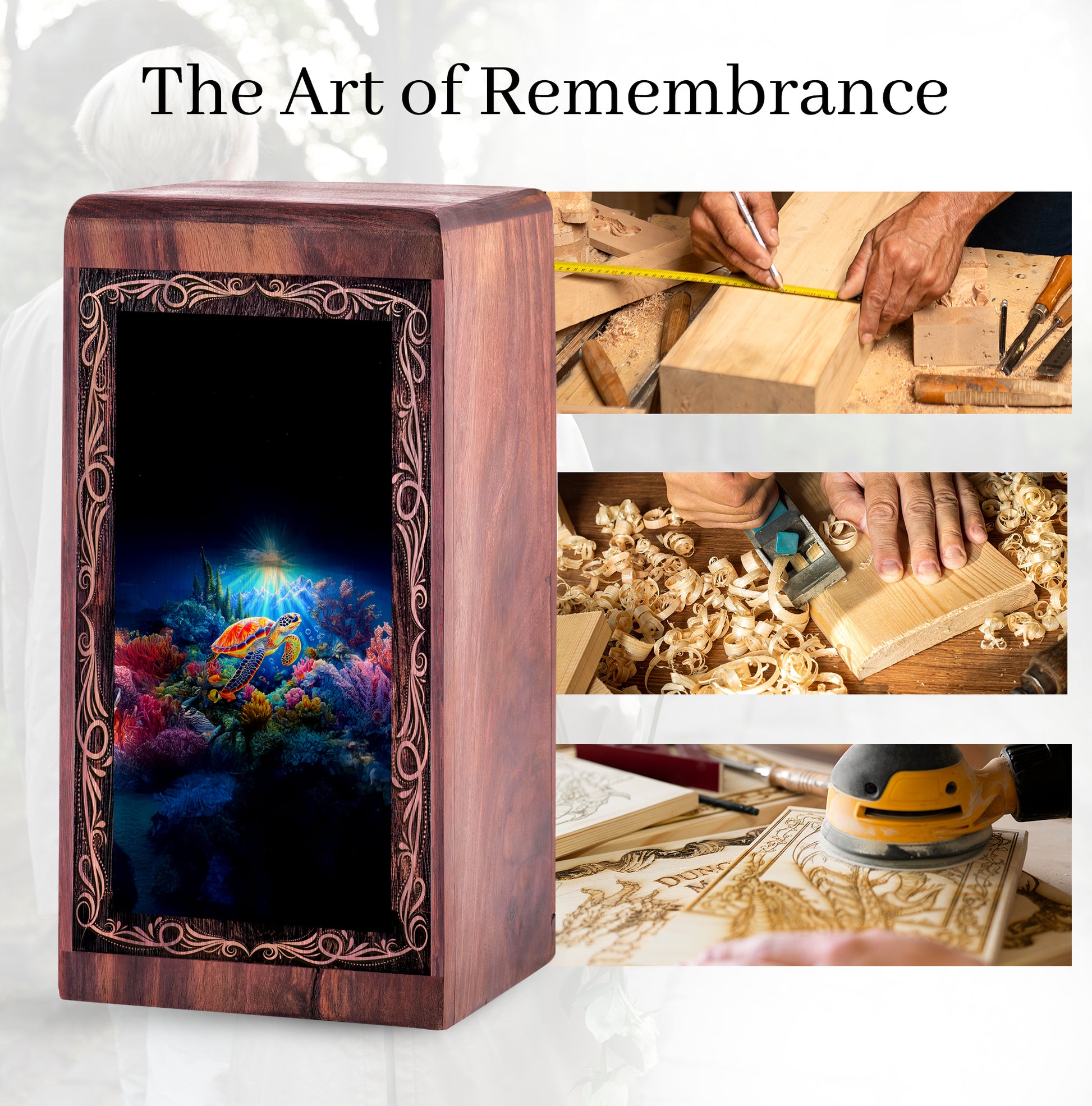 Handmade Wooden Keepshake Urn - Aquatic Ocean Theme Funeral For Burial