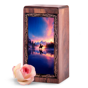 Handmade Tribal Warrior Urn Box – Sunset Theme Decorative Cremation Wooden Box