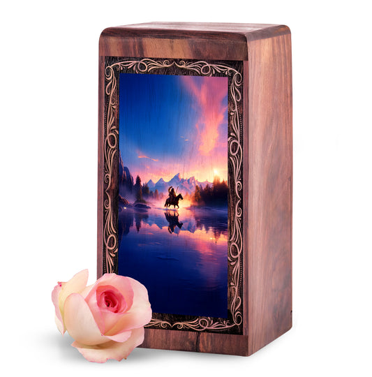 Handmade Tribal Warrior Urn Box – Sunset Theme Decorative Cremation Wooden Box
