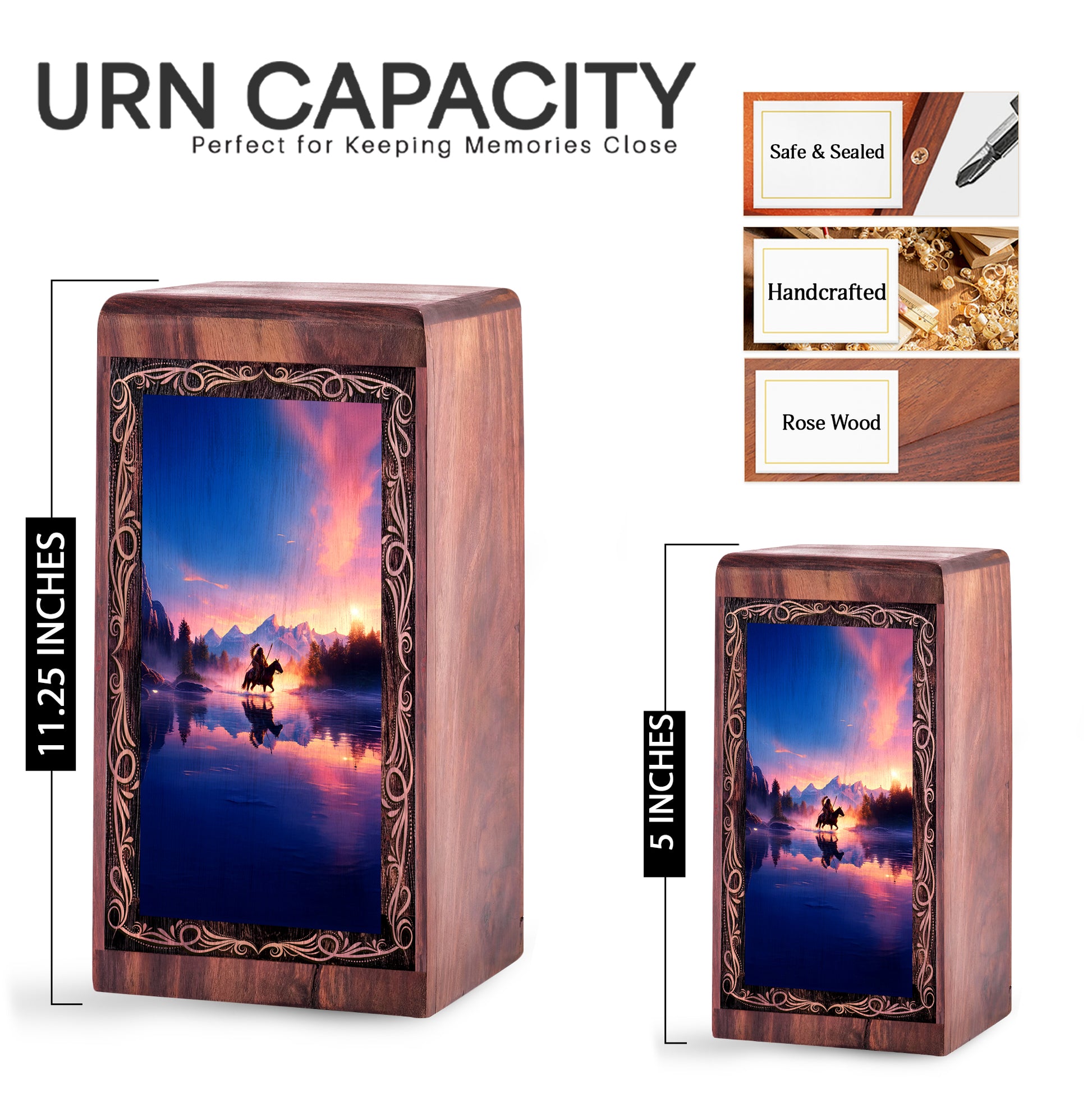 Handmade Tribal Warrior Urn Box – Sunset Theme Decorative Cremation Wooden Box