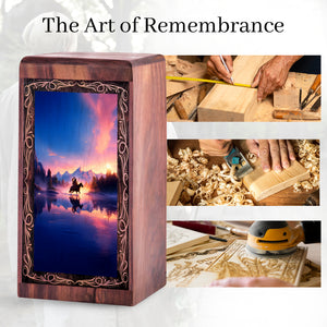 Handmade Tribal Warrior Urn Box – Sunset Theme Decorative Cremation Wooden Box