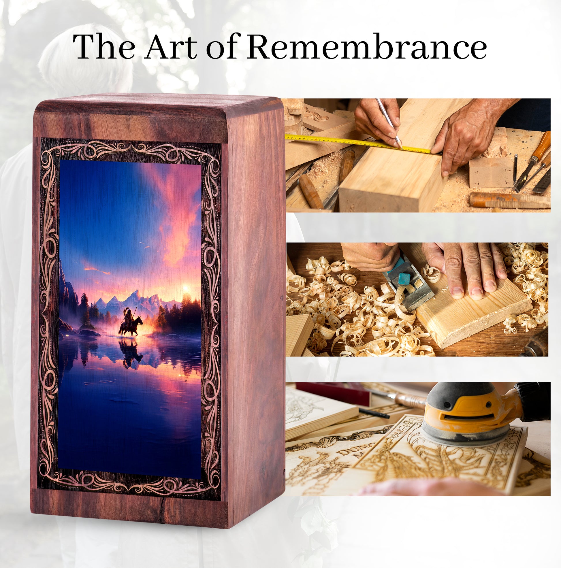 Handmade Tribal Warrior Urn Box – Sunset Theme Decorative Cremation Wooden Box