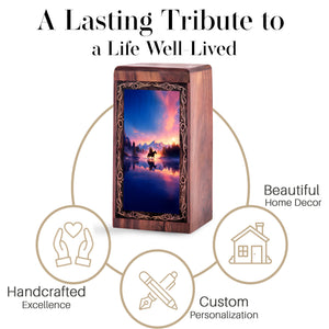 Handmade Tribal Warrior Urn Box – Sunset Theme Decorative Cremation Wooden Box