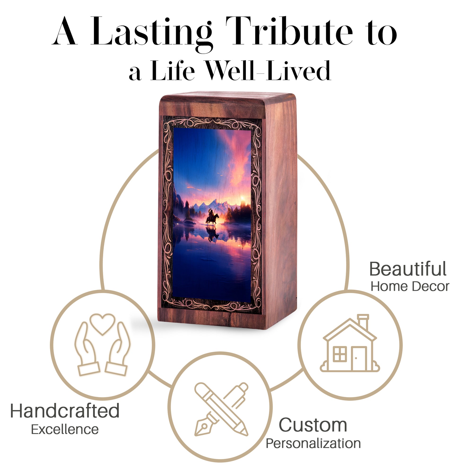Handmade Tribal Warrior Urn Box – Sunset Theme Decorative Cremation Wooden Box