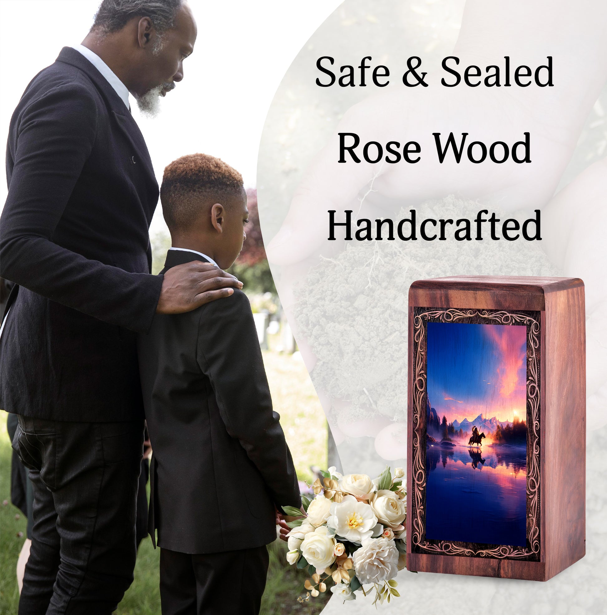 Handmade Tribal Warrior Urn Box – Sunset Theme Decorative Cremation Wooden Box