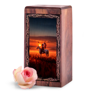 Wooden Horse Urn For Ashes – Tribal Horse Sunset Theme Cremation Urn For Burial