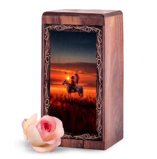 Wooden Horse Urn For Ashes – Tribal Horse Sunset Theme Cremation Urn For Burial