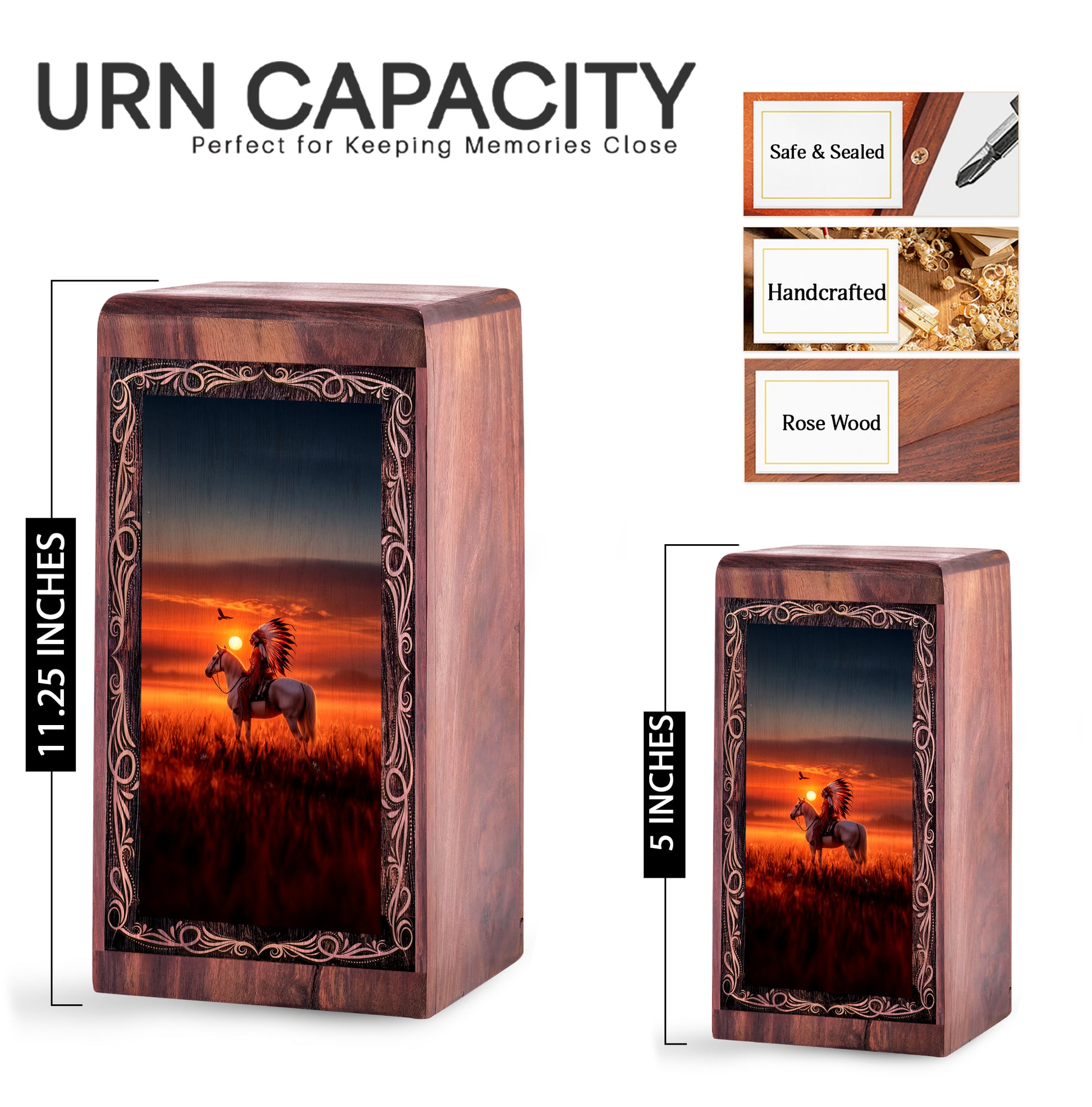 Wooden Horse Urn For Ashes – Tribal Horse Sunset Theme Cremation Urn For Burial