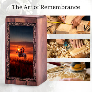 Wooden Horse Urn For Ashes – Tribal Horse Sunset Theme Cremation Urn For Burial