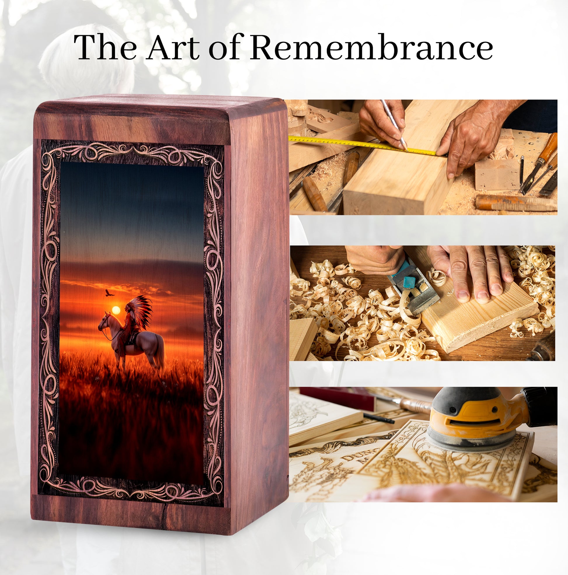 Wooden Horse Urn For Ashes – Tribal Horse Sunset Theme Cremation Urn For Burial