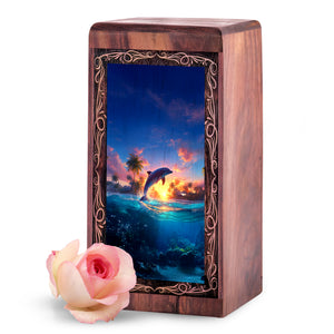 Dolphin Wooden Burial Urn - Dolphin Ocean Sunset Theme Cremation Urn