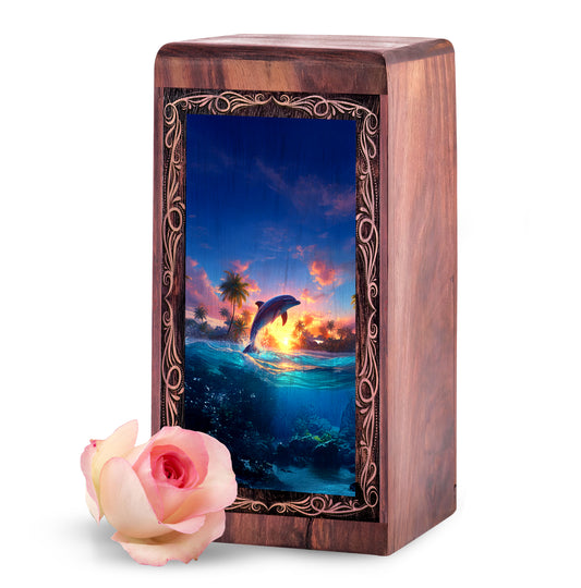 Dolphin Wooden Burial Urn - Dolphin Ocean Sunset Theme Cremation Urn