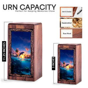 Dolphin Wooden Burial Urn - Dolphin Ocean Sunset Theme Cremation Urn