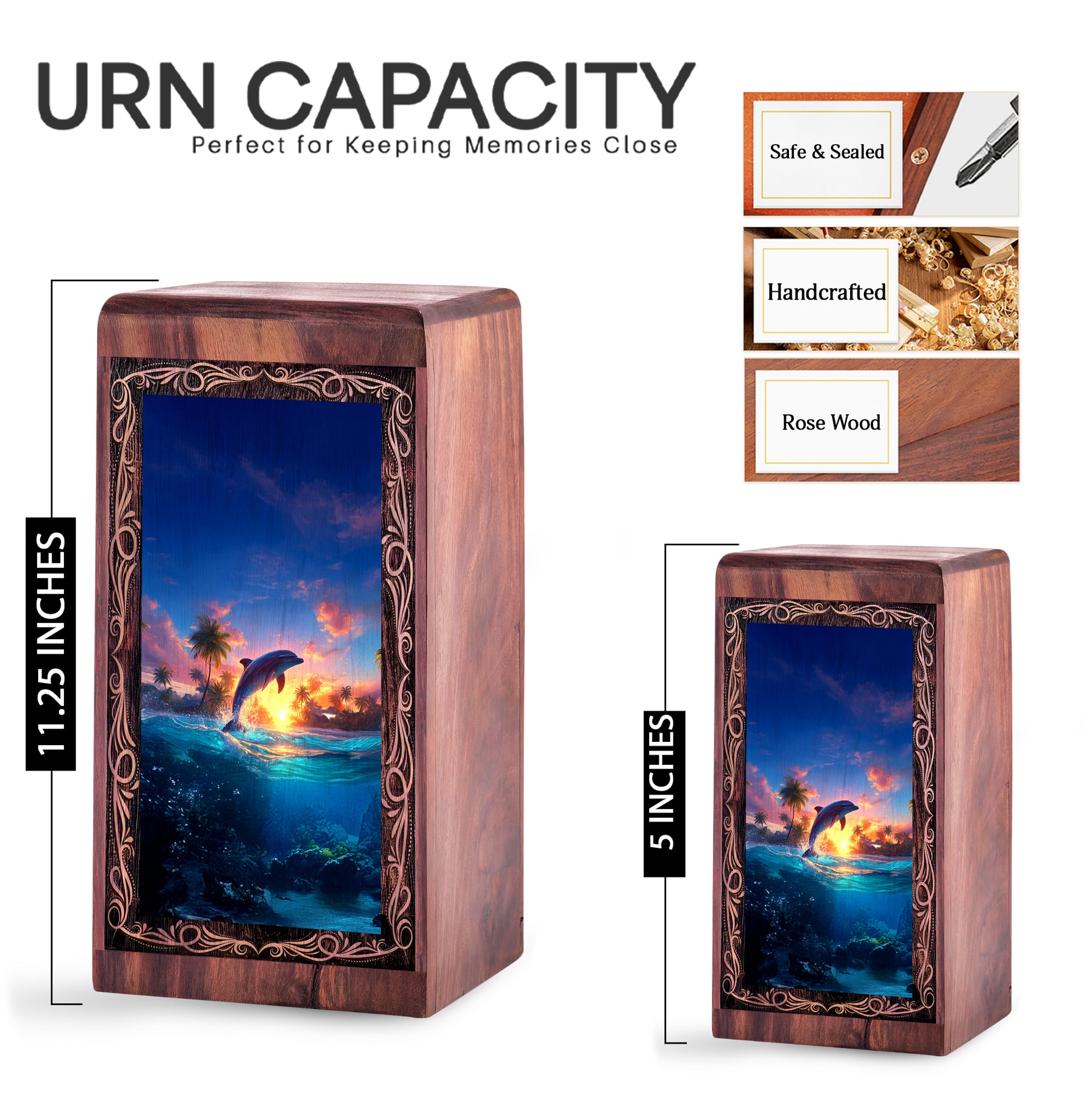 Dolphin Wooden Burial Urn - Dolphin Ocean Sunset Theme Cremation Urn