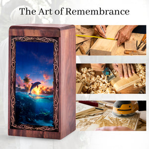 Dolphin Wooden Burial Urn - Dolphin Ocean Sunset Theme Cremation Urn