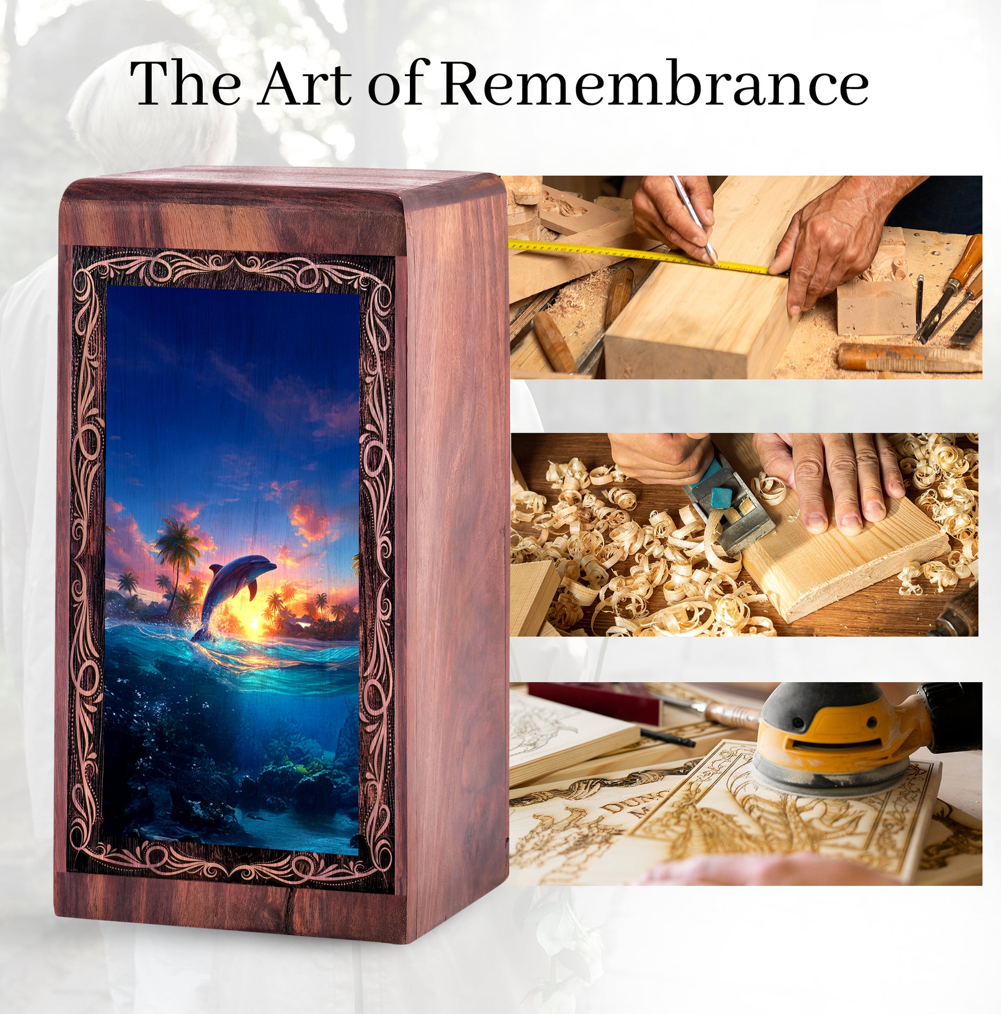 Dolphin Wooden Burial Urn - Dolphin Ocean Sunset Theme Cremation Urn