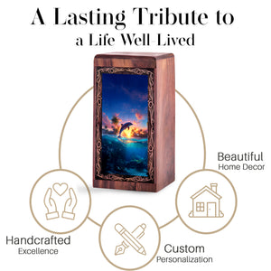 Dolphin Wooden Burial Urn - Dolphin Ocean Sunset Theme Cremation Urn