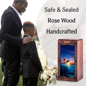 Dolphin Wooden Burial Urn - Dolphin Ocean Sunset Theme Cremation Urn