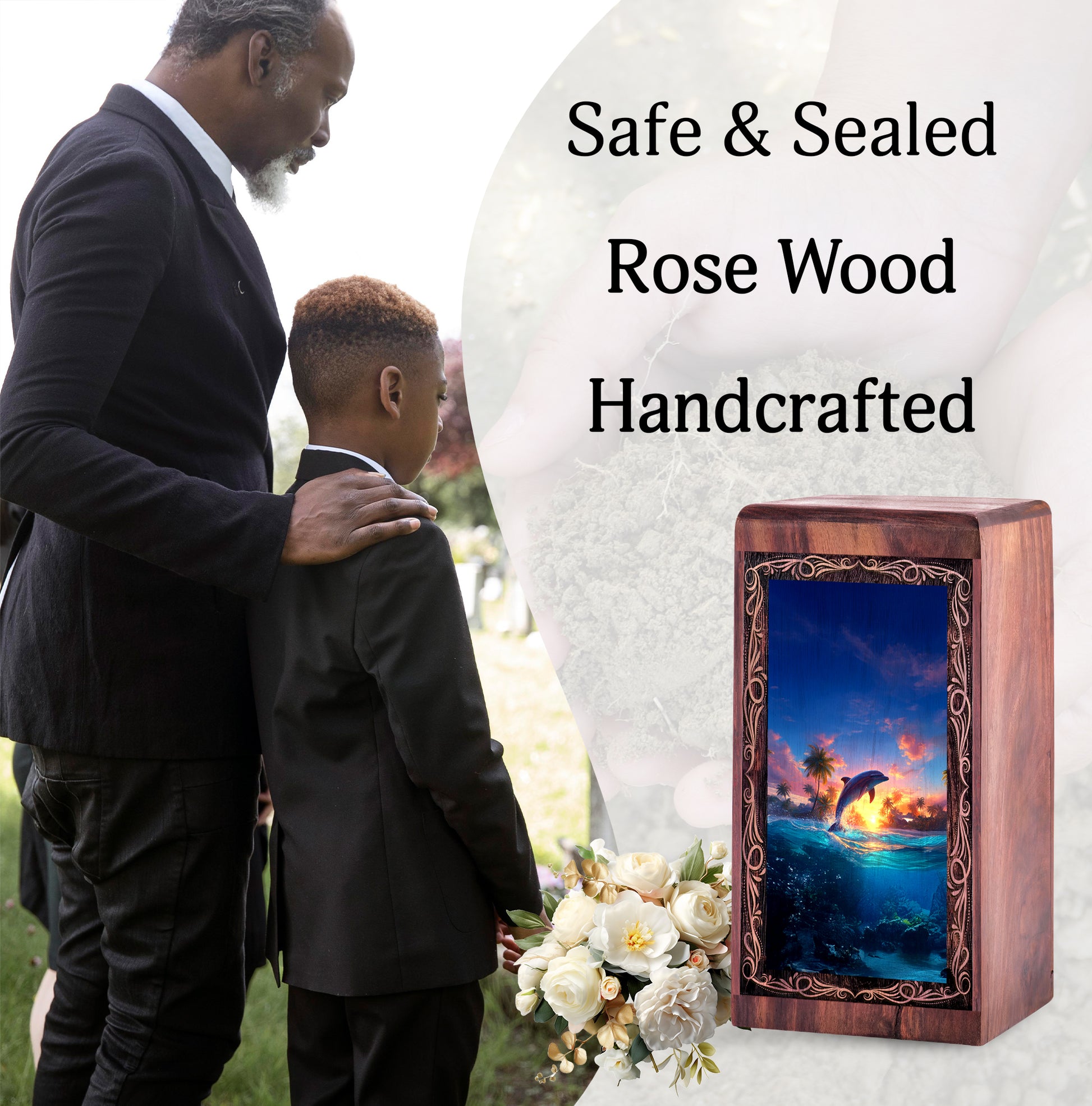 Dolphin Wooden Burial Urn - Dolphin Ocean Sunset Theme Cremation Urn