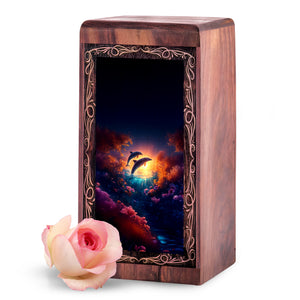 Dolphin Funeral Box For Adults - Golden Sunset Wooden Urns For Adult Male