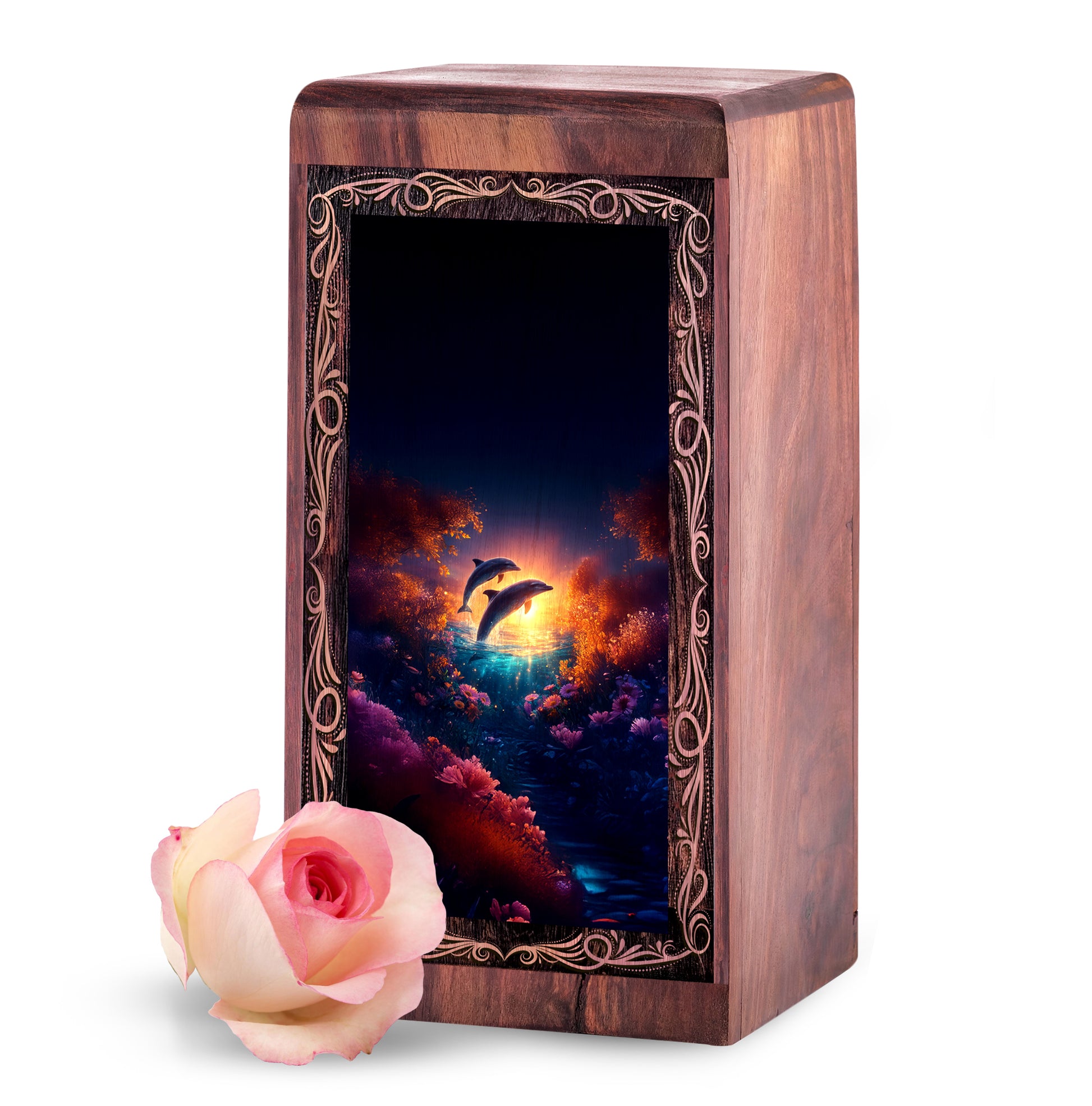 Dolphin Funeral Box For Adults - Golden Sunset Wooden Urns For Adult Male