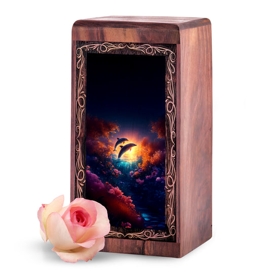 Dolphin Funeral Box For Adults - Golden Sunset Wooden Urns For Adult Male