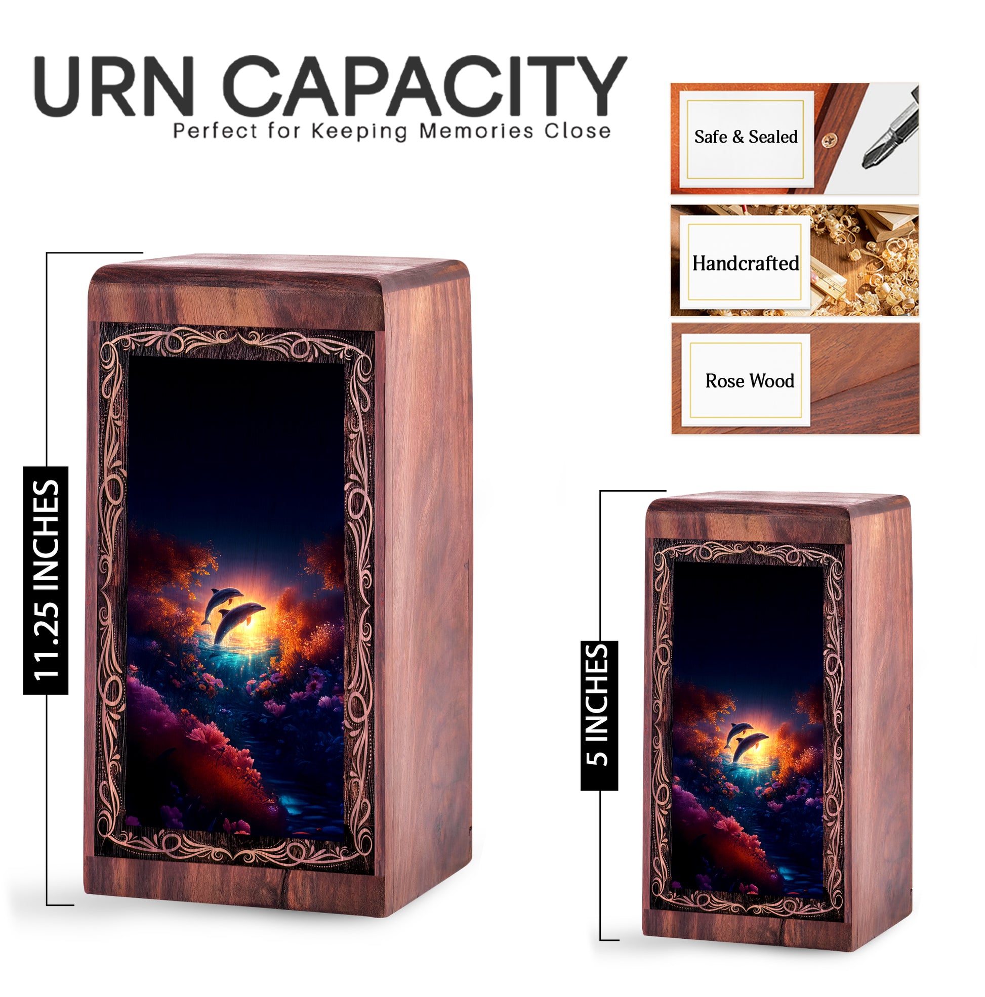 Dolphin Funeral Box For Adults - Golden Sunset Wooden Urns For Adult Male