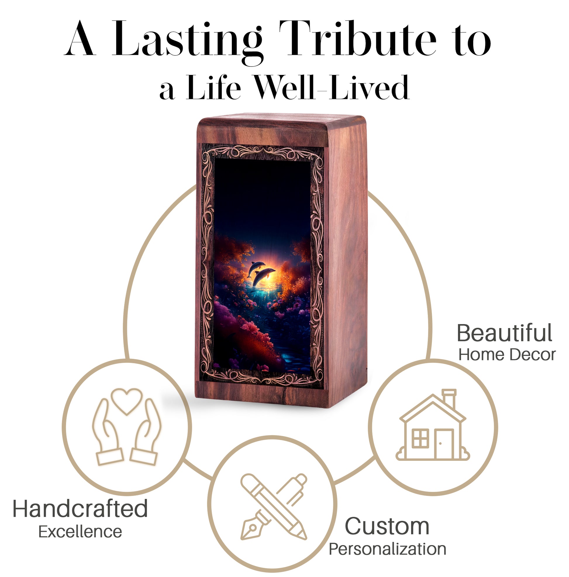 Dolphin Funeral Box For Adults - Golden Sunset Wooden Urns For Adult Male