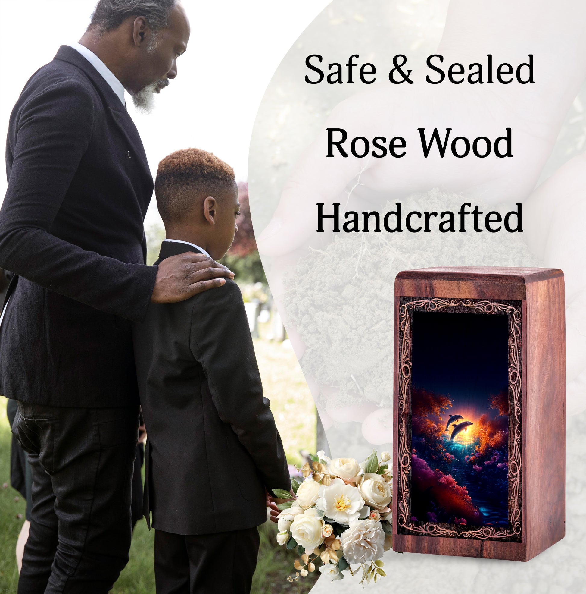 Dolphin Funeral Box For Adults - Golden Sunset Wooden Urns For Adult Male