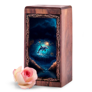 Dolphin Large Wood Memorial Box - Sun light Underwater Theme Wooden Box