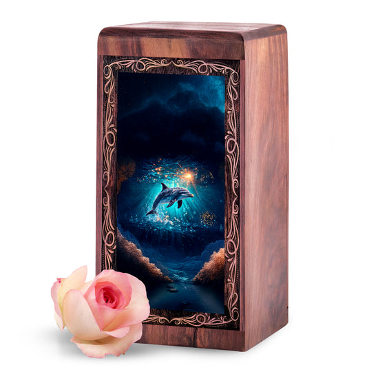 Dolphin Large Wood Memorial Box - Sun light Underwater Theme Wooden Box